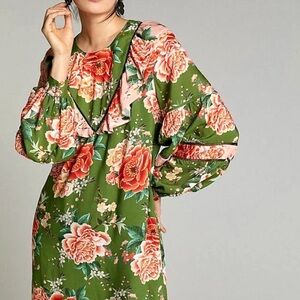 Farm Rio Green Floral Ruffle Collar Mini Dress – Size L